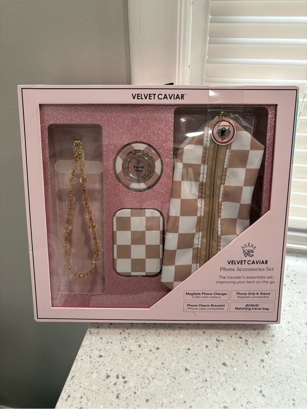 NEW IN BOX- Velvet Caviar Beige Check Phone Accessories Set